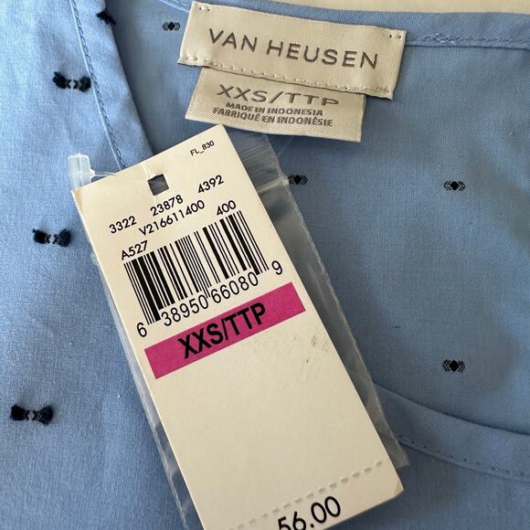 NWT Van Heusen embroidered black bow scoop neck 3/4 sleeve blue blouse XXS top - Picture 2 of 7